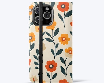 Cute Flowers Flip Phone Case For iPhone 11, 12, 13, 14, 15, 16, Pro Max, For Samsung S21, S22, Plus, Ultra, Vegan Leather Wallet Case
