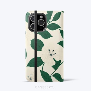 Green Cream Floral Flip Phone Case For iPhone 11, 12, 13, 14, 15, 16, Pro Max, For Samsung S21, S22, Plus, Ultra, Vegan Leather Wallet Case
