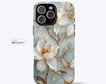 Magnolia Flower Phone Case for iPhone, MagSafe Compatible - Aesthetic, Tough Dual-Layer Phone Cover