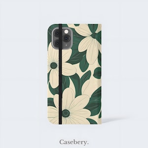Retro Grün Blumen Flip-Telefon-Kasten für iPhone 11, 12, 13, 14, 15, 16, Pro Max, für Samsung S21, S22 Plus, Ultra, Vegan Leder Brieftasche Fall