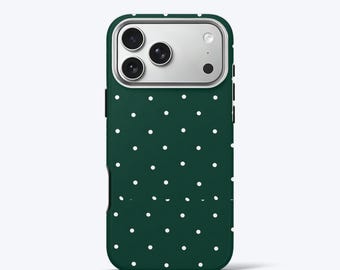 Green Polka Dot Phone Case For iPhone, Dark Forest Green, Tough Phone Case