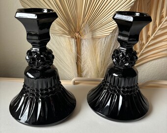 Vintage Black Milk Glass Candlesticks (Set of 2), Black Milk Glass Candlesticks, Black Candlesticks