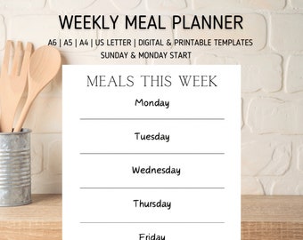 Weekly Meal Planner | Printable Template, A4 A5 A6 US Letter (Digital Download)