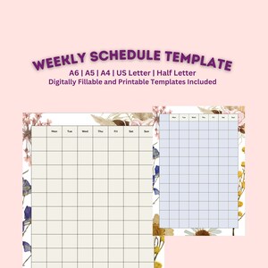 Plantilla de calendario semanal / floral seco / 5 tamaños de plantilla - A4 - A5 - A6 - Carta de EE. UU. - Media carta / Rellenable e imprimible digitalmente /