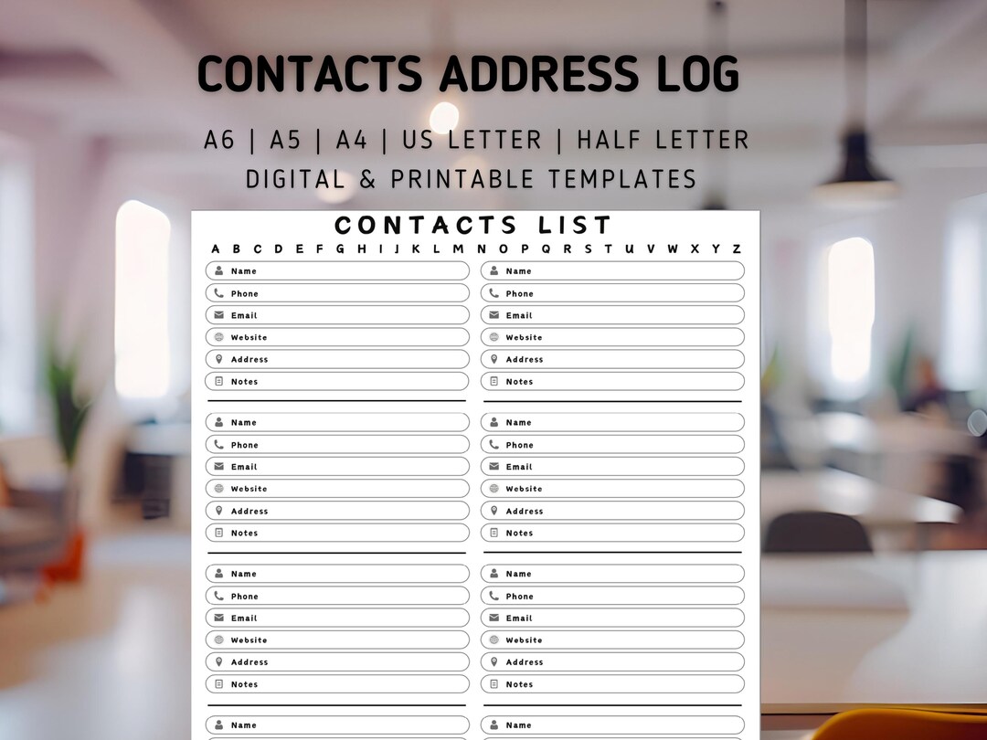 Contacts List | Address Log | Printable | Fillable | 5 Sizes - Etsy
