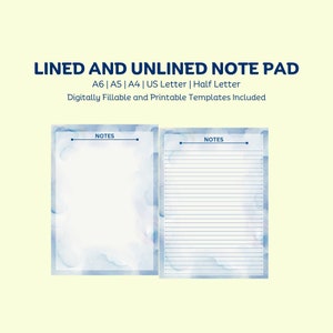 Note Pad | Digital | Fillable | Printable | Lined and Unlined Included | Multiple Sizes Included