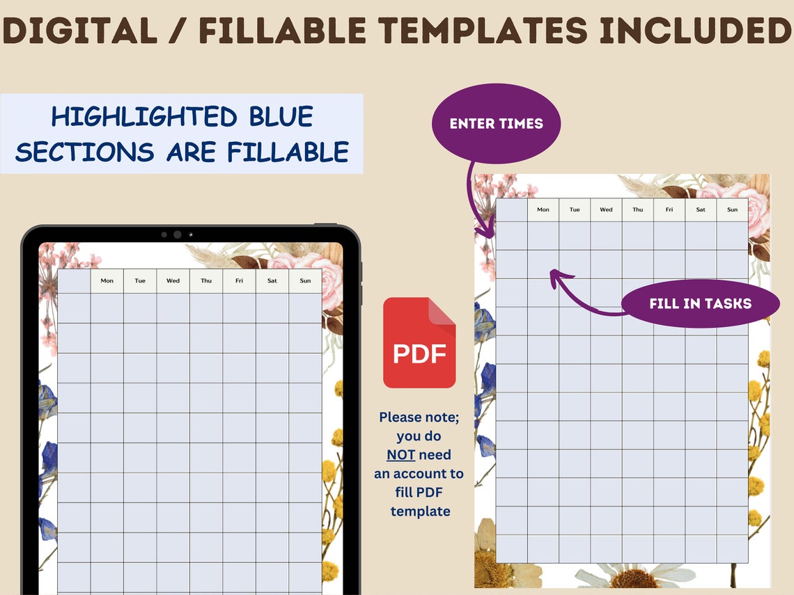Dried Floral Weekly Schedule Template | Printable & Fillable (digital ...