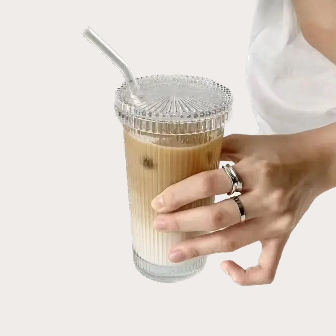 Iced Coffee GlassesStripe Glass Cup With Lid And Straw Transparent