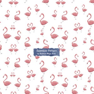 May include: A seamless pattern featuring numerous pink flamingos in various poses on a white background. Some flamingos are standing alone, while others are paired with necks touching. A blue rectangular label reads Seamless Pattern by Andreia Magic Kids.