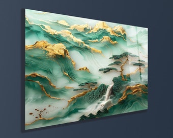 Gold Inlay Jade Carved effect Wall Art, Acrylic Wall Art Panel, Ultra HD Quality, 10mm Thick Glossy Acrylic, Luxury Wall Art, Living RoomArt