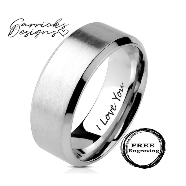 Personalized Engraved Men's Silver Ring 6mm Beveled Promise Ring Guys - Handwriting Ring