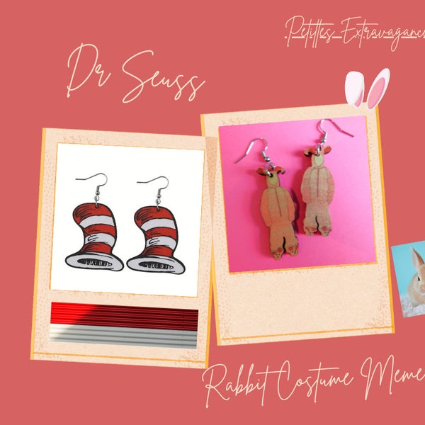 Boucles d'oreilles, Breloque Chapeau Dr. Seuss, Meme Costume de Lapin, Réaliste, Bois, Cadeau pour Femmes, Amusant, Idée Cadeau, Abordable