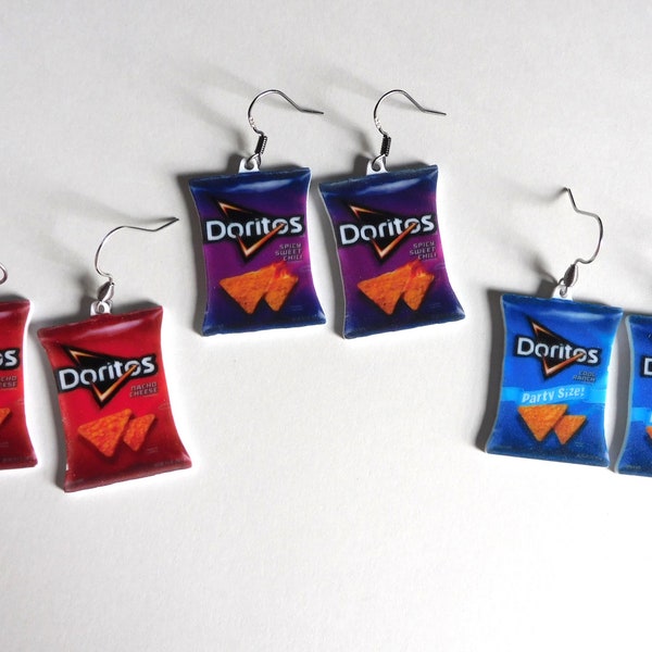 Earrings, Bag of Doritos Charms, Spicy Sweet Chili, Cool Ranch or Nacho Cheese Chips, Gift for Women, Affordable, Stainless Hooks, Cute/Fun
