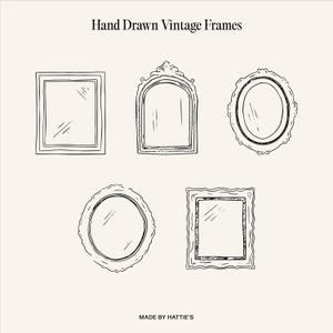 May include: Five hand-drawn vintage frames in black and white. The frames are all different shapes and sizes, and they have ornate details. The frames are perfect for adding a touch of vintage charm to any project.