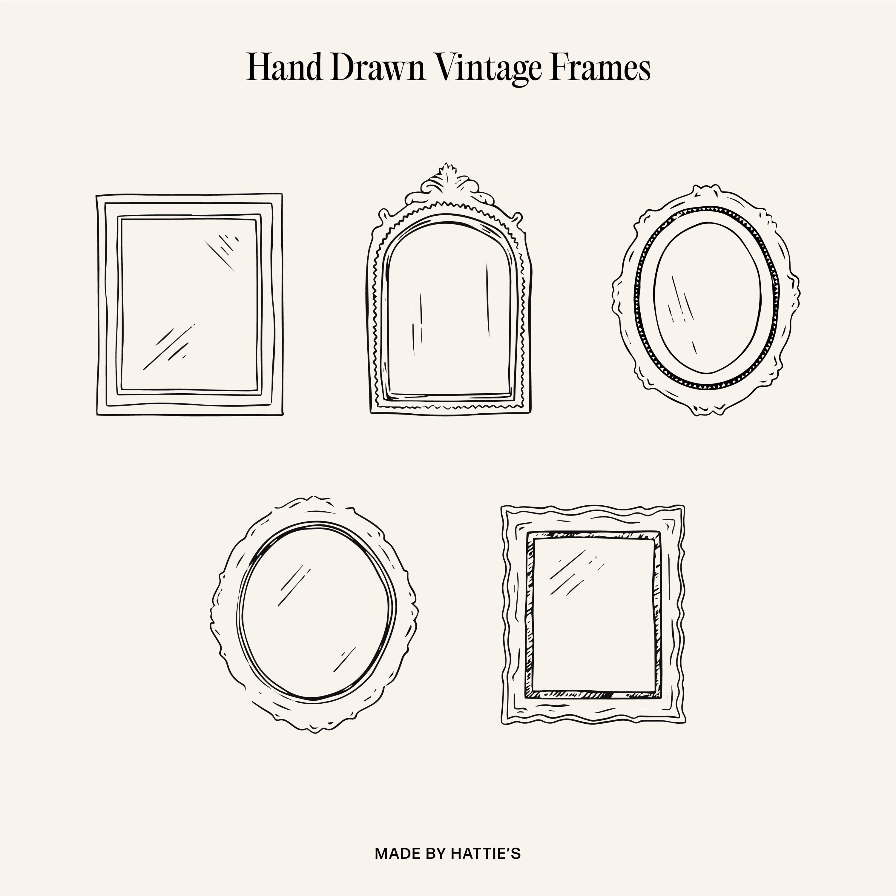 Hand Drawn Vintage Frames | Set of 5 Antique Frame Graphics, Illustration, Sketch, Use in Canva or Illustrator, SVG Format