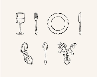 Table Setting Graphics - Wedding Menus, Dinner Party Menu Design, & More. Fork, Knife, Spoon, Silverware, Plate, Flower, Wine Glass, Napkin