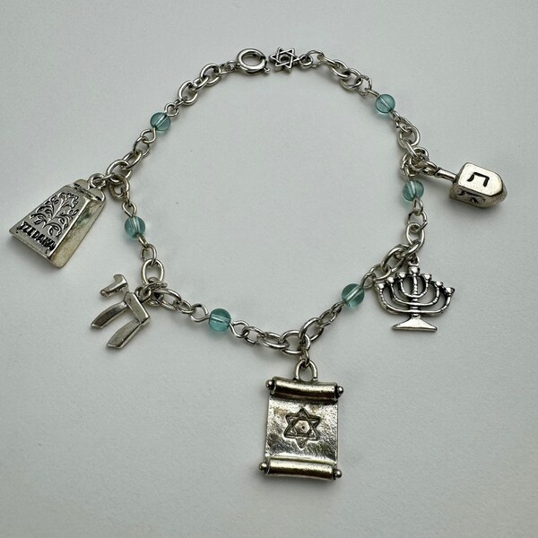 Jewish Silver 5 Charm Bracelet -Tzedakah Box,Chai, Torah,Menorah,Dreidel Charms