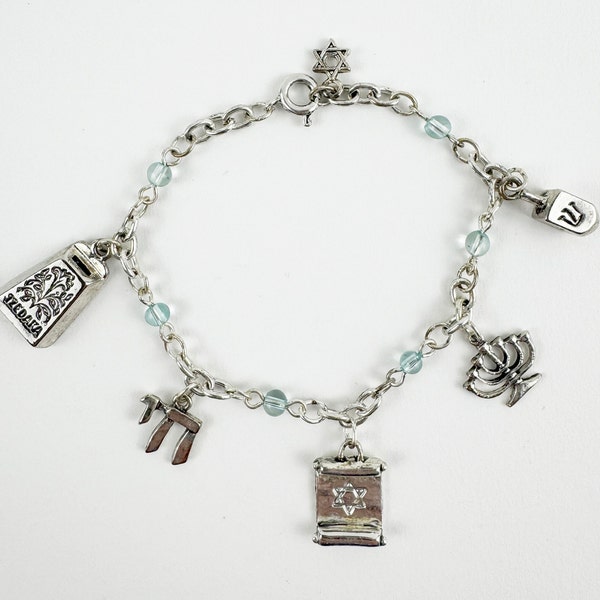 Jewish Silver 5 Charm Bracelet -Tzedakah Box,Chai, Torah,Menorah,Dreidel Charms