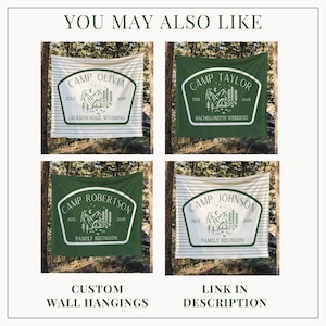 May include: Four square wall hangings featuring custom camp-themed designs. Two are solid green and two have horizontal stripes. Each displays a central graphic of a tent, mountains, and trees with personalized text like Camp Olivia and Camp Johnson.