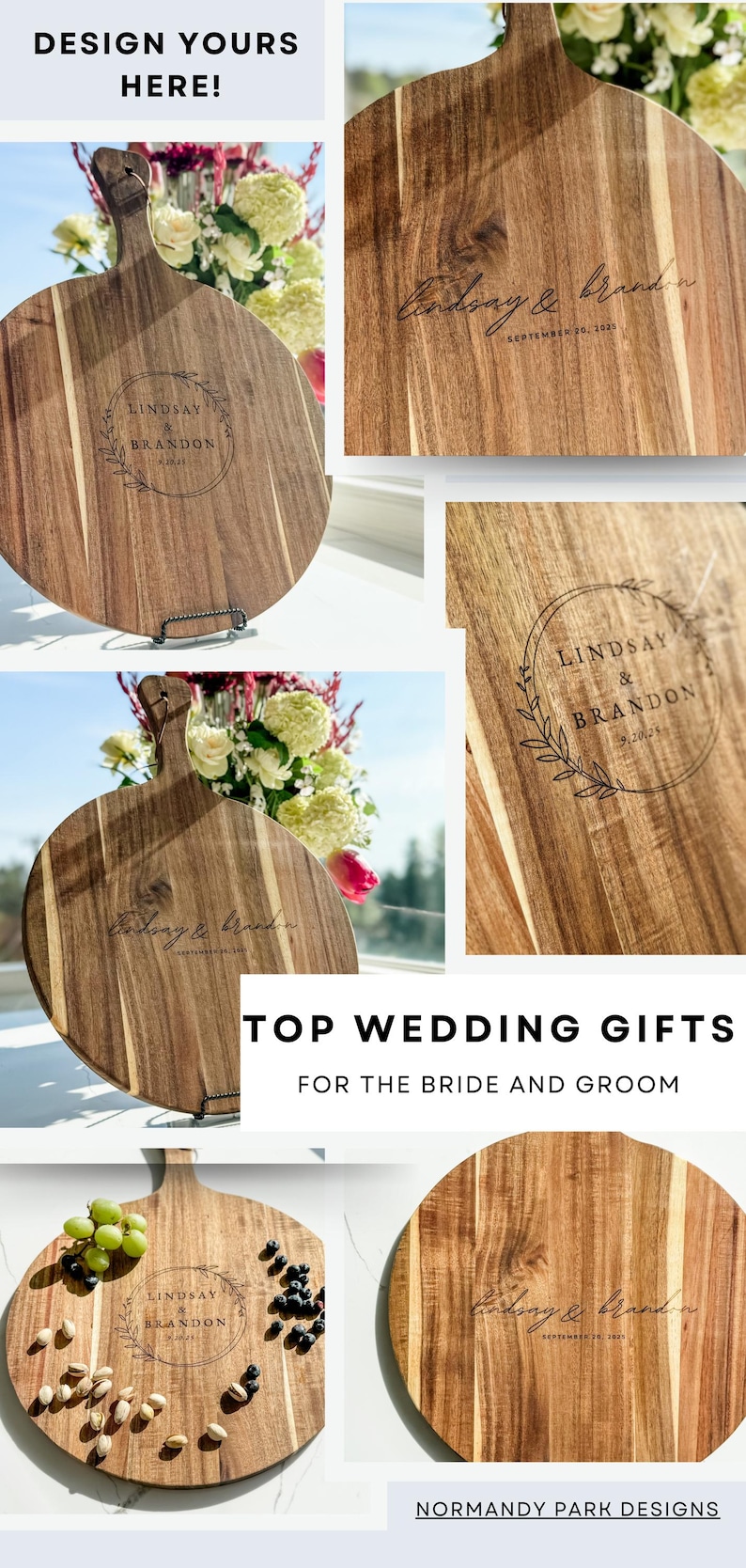 Custom Wedding Serving Board Personalized charcuterie board engraved Acacia Wood round Cheese Board classic Handle Design Wedding Gift Engraved Names Anniversary Present Kitchen Decor Display Essential Entertaining Collection Elegant