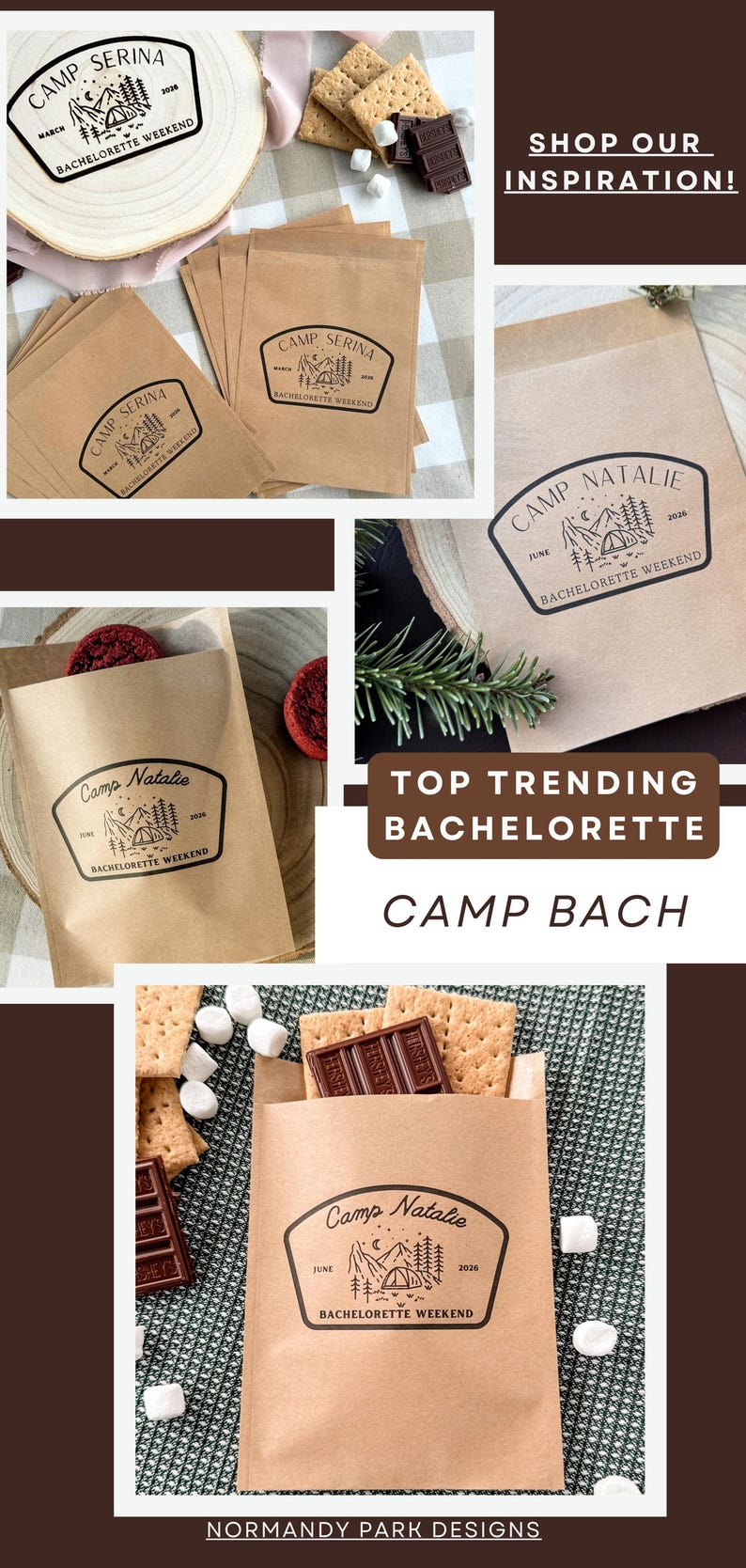 Pode incluir: Uma cole&ccedil;&atilde;o de sacos de papel castanho claro com um log&oacute;tipo impresso a preto com uma tenda, pinheiros e o texto Camp Serina ou Camp Natalie Bachelorette Weekend. Os sacos s&atilde;o apresentados com bolachas, chocolate e marshmallows.