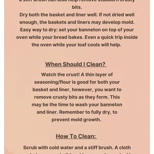 May include: A pink and white illustrated guide on how to care for a banneton basket. The guide includes instructions on how to dust the basket before use, how to clean it after use, and when to clean it. The guide also includes a black and white logo for Normandy Park Designs.