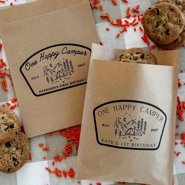 One Happy Camper Birthday Party Favor For Kid Guest Custom Bulk Treat Bag For 1st Birthday Boy With Name Decor Outdoor Camping Theme Cookie