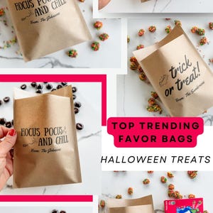 May include: Brown paper favor bags featuring black text that reads trick or treat! From: The Sandersons or HOCUS POCUS AND CHILL From: The Johnsons. The bags are surrounded by scattered dark chocolate candies and a box of rainbow Nerds Gummy Clusters.