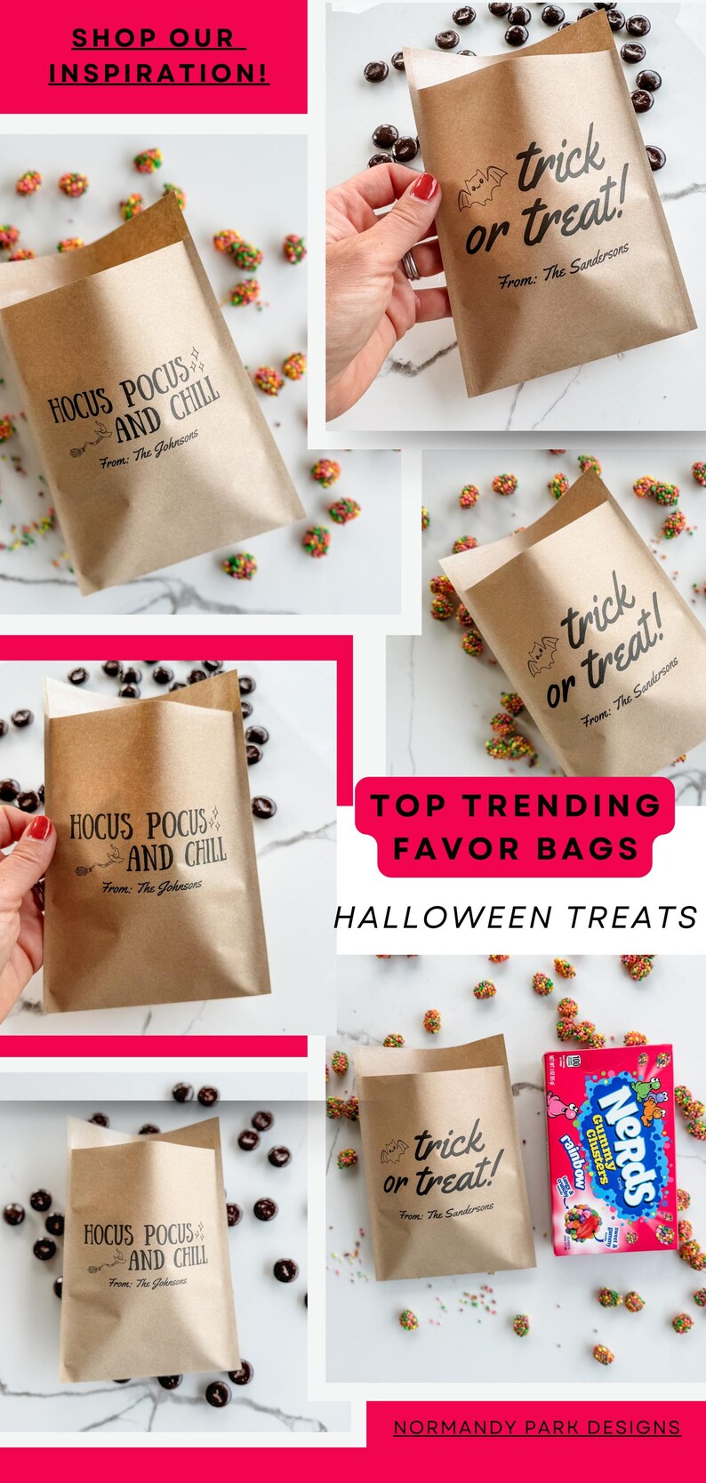 May include: Brown paper favor bags featuring black text that reads trick or treat! From: The Sandersons or HOCUS POCUS AND CHILL From: The Johnsons. The bags are surrounded by scattered dark chocolate candies and a box of rainbow Nerds Gummy Clusters.