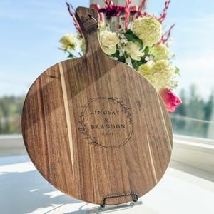 Personalized Acacia Wood Serving Board Custom Wedding Gift Large Kitchen Display Piece Handcrafted Wooden Design Anniversary Present Premium Quality Construction Elegant Script Names Special Date Engraving Beautiful Handle Detail Modern