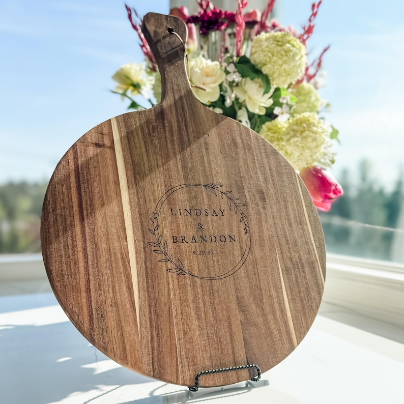 Personalized Acacia Wood Serving Board Custom Wedding Gift Large Kitchen Display Piece Handcrafted Wooden Design Anniversary Present Premium Quality Construction Elegant Script Names Special Date Engraving Beautiful Handle Detail Modern