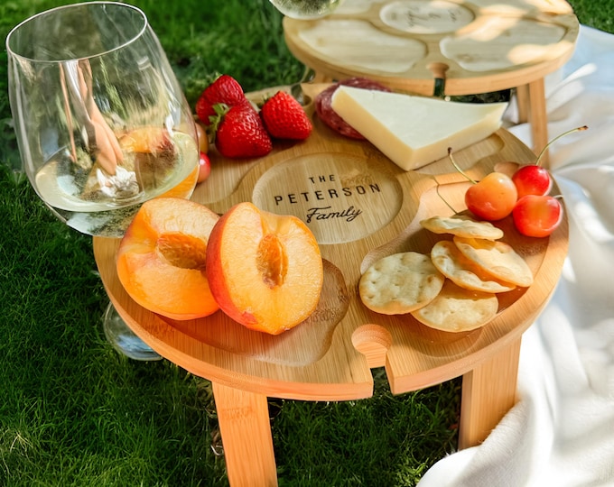 Wine Table Outdoor Wine Glass Holder Personalized Picnic Table Foldable Small Wine and Cheese Gift For Wine Lover Portable Charcuterie Board