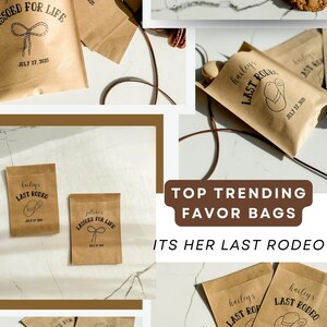 May include: Brown paper favor bags with black text and illustrations. Some bags say "Jillian's Lassoed for Life" and others say "Hailey's Last Rodeo" with a cowboy hat graphic. The bags are filled with cookies and macarons.