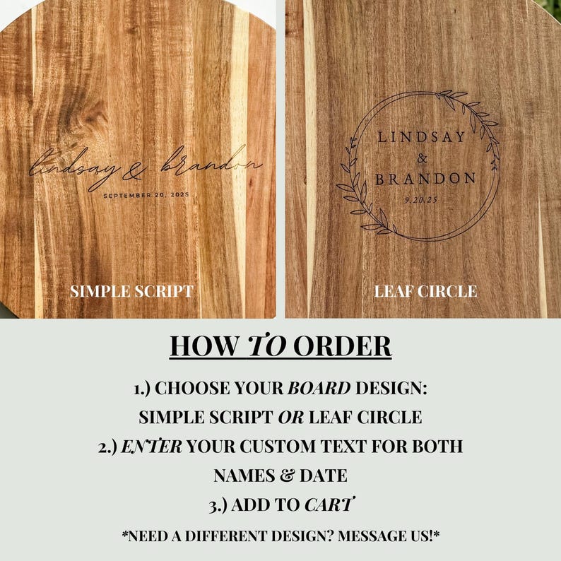 Puede incluir: Dos tablas de madera con dise&ntilde;os grabados. Una presenta "Lindsay & Brandon" con una fecha, la otra tiene un dise&ntilde;o de c&iacute;rculo de hojas con los mismos nombres y fecha. El texto debajo dice "How to Order".