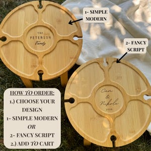 May include: Two round bamboo serving trays with attached legs. One tray is engraved with "The Peterson Family", the other with "Cam & Nikole 2025". Each tray has four food compartments and wine glass holders. The image also shows instructions.