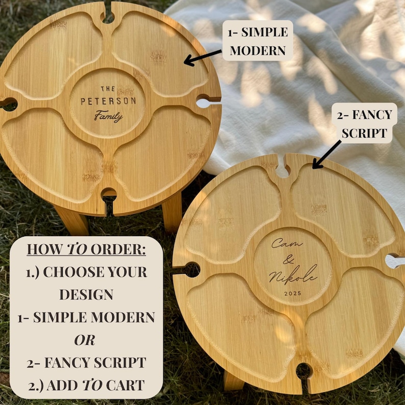 May include: Two round bamboo serving trays with attached legs. One tray is engraved with "The Peterson Family", the other with "Cam & Nikole 2025". Each tray has four food compartments and wine glass holders. The image also shows instructions.