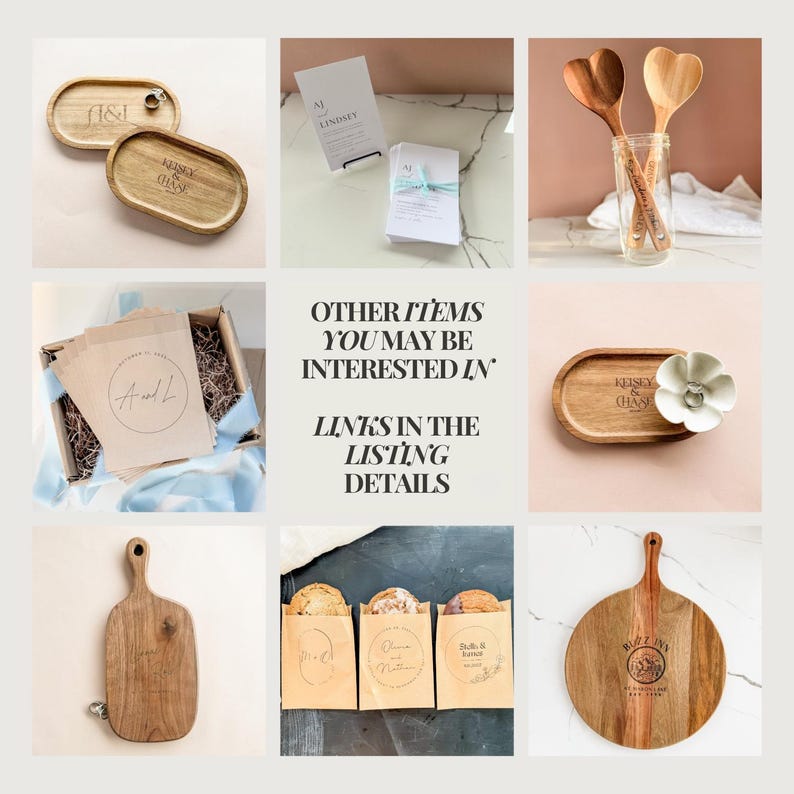 Puede incluir: Una colecci&oacute;n de art&iacute;culos de madera, que incluyen bandejas, tablas de cortar y cucharas en forma de coraz&oacute;n. Algunos art&iacute;culos est&aacute;n grabados con nombres e iniciales. La imagen tambi&eacute;n incluye art&iacute;culos de papel y galletas en bolsas de papel. El texto dice "OTROS ART&Iacute;CULOS QUE PUEDEN INTERESARTE" y "ENLACES EN LOS DETALLES DEL LISTADO."
