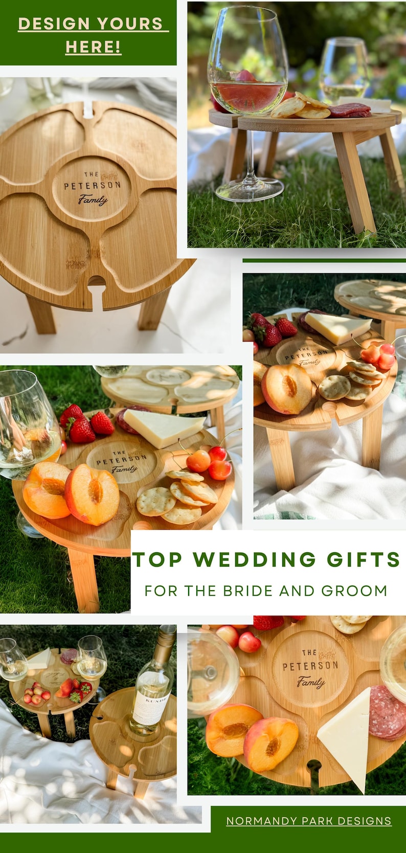 May include: Wooden picnic table with a personalized design, holding wine glasses, fruit, and cheese. The text "DESIGN YOURS HERE!" and "TOP WEDDING GIFTS FOR THE BRIDE AND GROOM" are visible. The table is designed to hold wine glasses.