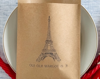 Oui Oui Três Decoração de Festa de Aniversário Tema Francês Ideia de Lembrancinha de Aniversário Infantil Sacola de Lembrancinhas Parisiense Personalizada com a Torre Eiffel para Evento Pré-escolar