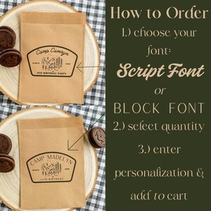 May include: Two brown paper favor bags with black ink custom camping-themed graphics featuring mountains, trees, and a tent. Text includes names like Camp Camryn and Camp Madelyn, dates, and party details. Instructions for ordering fonts are listed on the right.