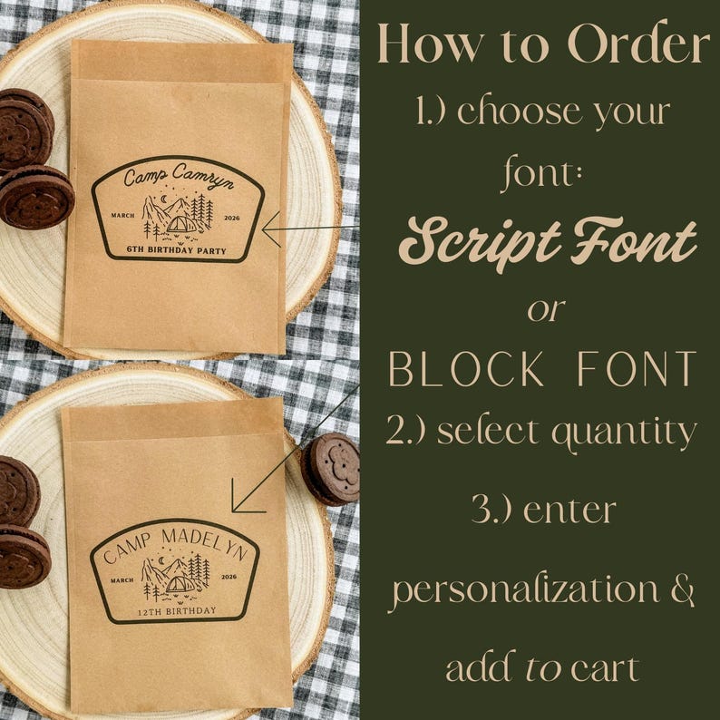 May include: Two brown paper favor bags with black ink custom camping-themed graphics featuring mountains, trees, and a tent. Text includes names like Camp Camryn and Camp Madelyn, dates, and party details. Instructions for ordering fonts are listed on the right.