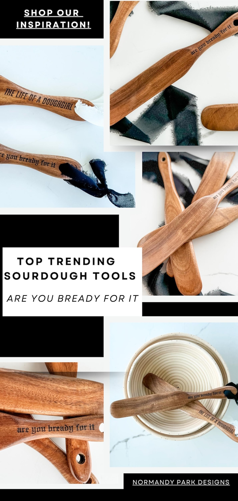May include: Wooden sourdough bread tools, including spatulas and a bowl, are displayed on a white surface. The spatulas have the text "are you bready for it" and "The Life of a Doughgirl" engraved on them. The image also includes the text "Top Trending Sourdough Tools".