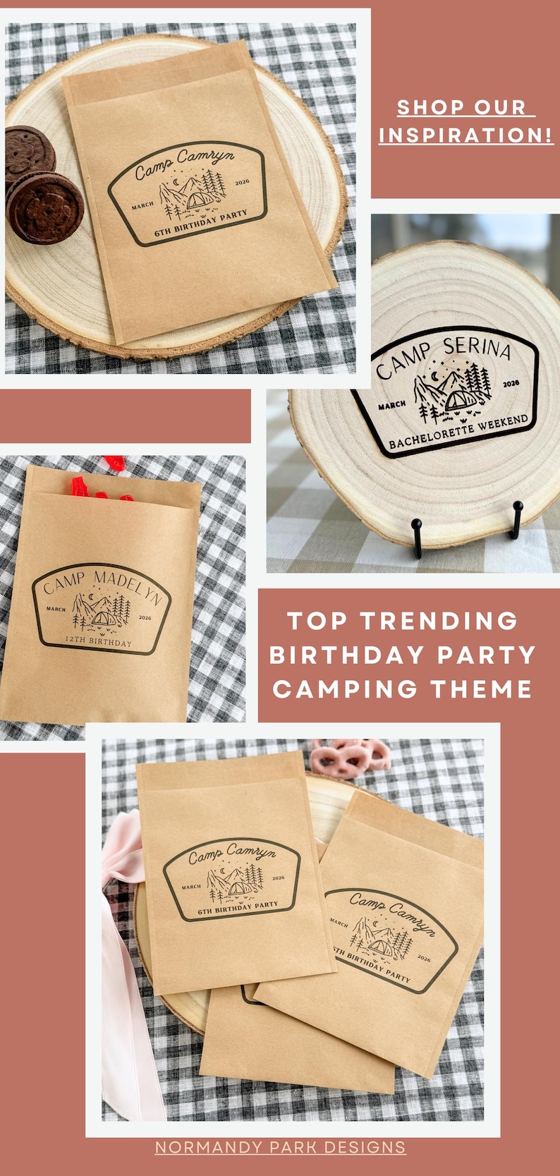 May include: Light brown paper favor bags featuring a black ink stamp design of a camping scene with mountains, trees, and a tent. The text includes names like Camp Camryn or Camp Serina, dates, and event titles such as 6th Birthday Party or Bachelorette Weekend.