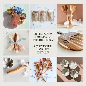 May include: A collection of handcrafted wooden spoons, a wooden cutting board with numbers, and small ceramic bowls. The image also includes decorative matchboxes and small paper bags with text. The text in the image says "Let's Celebrate".