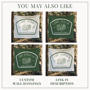 Pode incluir: Quatro tape&ccedil;arias quadradas com designs personalizados de acampamento. Duas s&atilde;o verde s&oacute;lido e duas t&ecirc;m listras horizontais. Cada uma exibe um gr&aacute;fico central de uma barraca, montanhas e &aacute;rvores com texto personalizado como Camp Olivia.