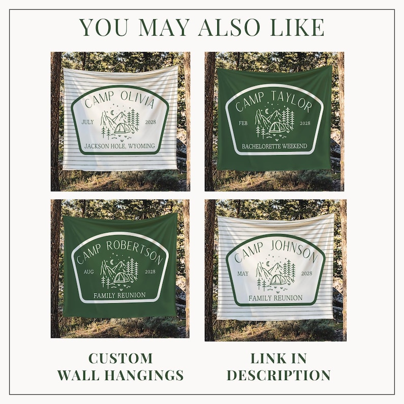 Pode incluir: Quatro tape&ccedil;arias quadradas com designs personalizados de acampamento. Duas s&atilde;o verde s&oacute;lido e duas t&ecirc;m listras horizontais. Cada uma exibe um gr&aacute;fico central de uma barraca, montanhas e &aacute;rvores com texto personalizado como Camp Olivia.