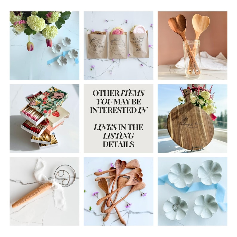 May include: A collage of various kitchen and home decor items. Includes wooden heart-shaped spoons, floral matchboxes, a wooden cutting board, and small white flower-shaped dishes. The text "OTHER ITEMS YOU MAY BE INTERESTED IN" is also visible.