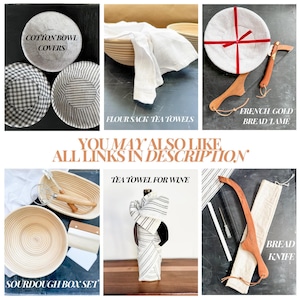 May include: A collection of kitchen textiles and tools. Includes cotton bowl covers, flour sack tea towels, a French gold bread lame, a sourdough box set, a tea towel for wine, and a bread knife. The text "COTTON BOWL COVERS" and "FLOUR SACK TEA TOWELS" are visible.