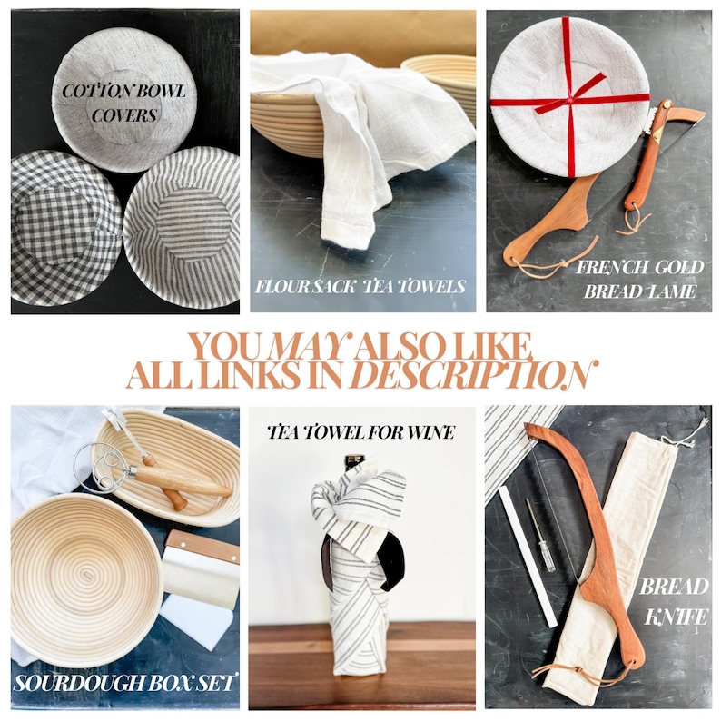 May include: A collection of kitchen textiles and tools. Includes cotton bowl covers, flour sack tea towels, a French gold bread lame, a sourdough box set, a tea towel for wine, and a bread knife. The text "COTTON BOWL COVERS" and "FLOUR SACK TEA TOWELS" are visible.