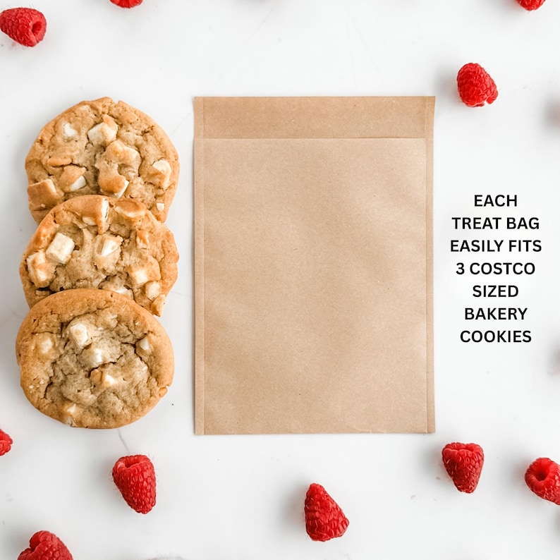 May include: Three large, golden-brown cookies with white chocolate chunks are arranged near a brown paper treat bag. Fresh red raspberries are scattered around the cookies and bag. Text on the bag reads: "EACH TREAT BAG EASILY FITS 3 COSTCO SIZED BAKERY COOKIES."